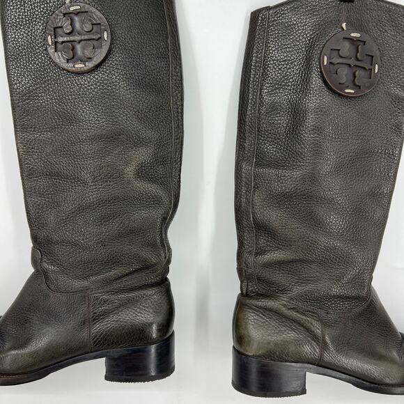 Tory Burch Chocolate Brown Tall Pebbled Leather Heel Riding Boots Logo Size 9 M - Picture 13 of 16
